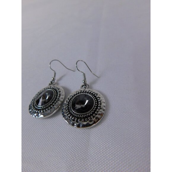Boho Dangle Earrings Silver Tone Faceted Black Stone Statement Beaded Pierced Wo - Picture 3 of 7